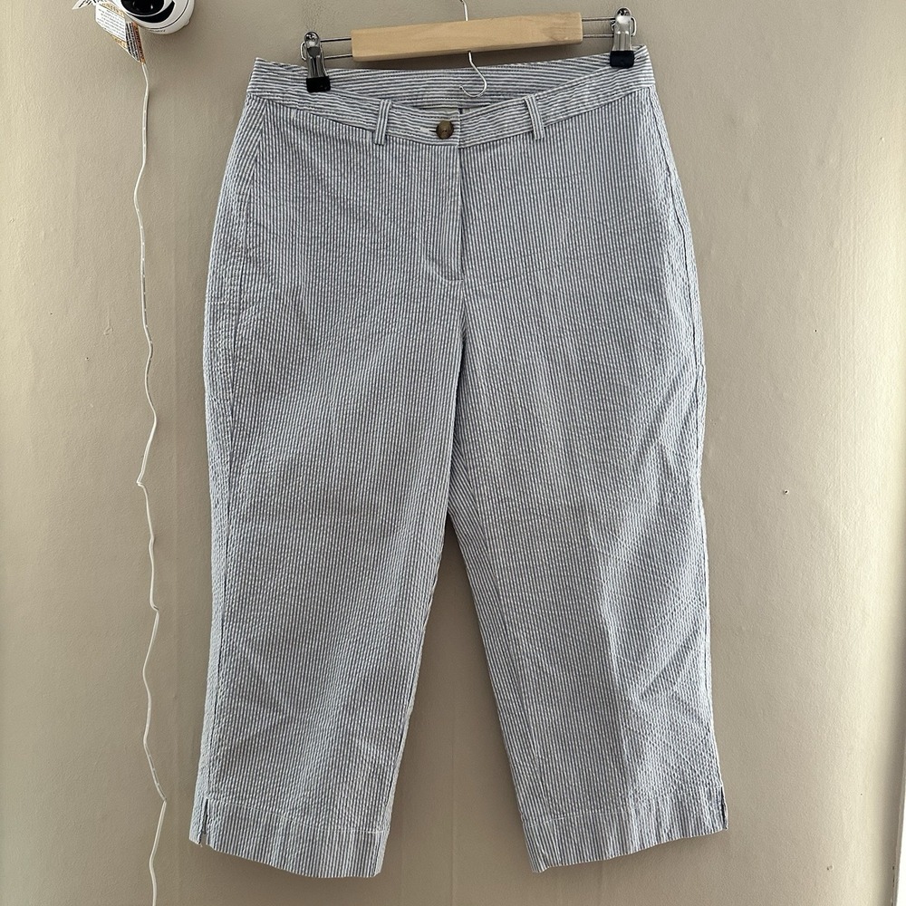 LL Bean Women Striped Seersucker Capri Pants Size 6 Blue Nautical Coastal Preppy
